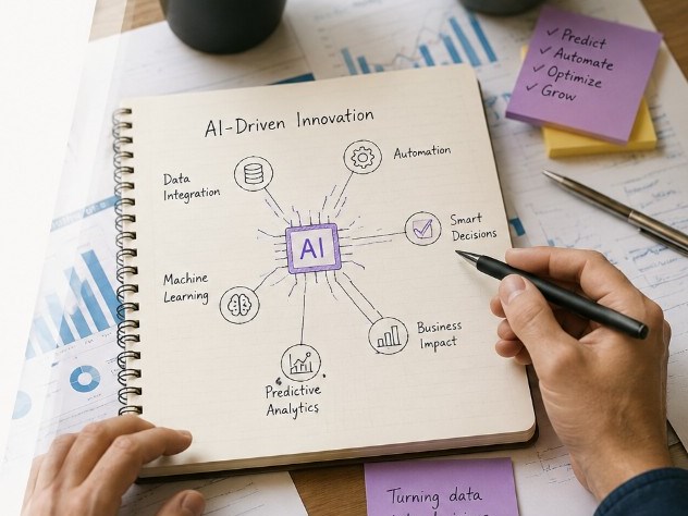 AI-driven innovation mind map — machine learning, predictive analytics, automation