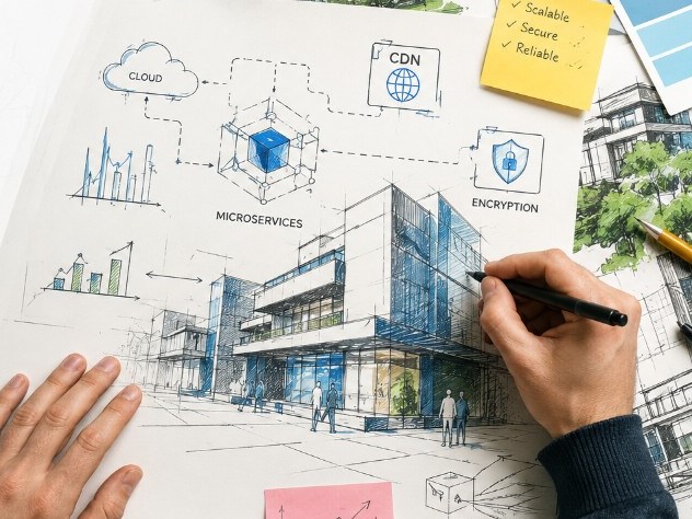 Enterprise software architecture blueprint — microservices, CDN, and encryption